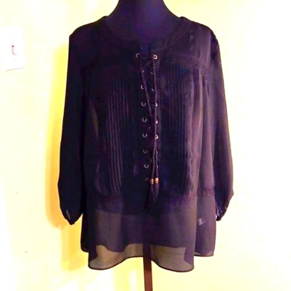 Cato Sheer Black Blouse with Gold Eyelets laced down the front, Size 18/20